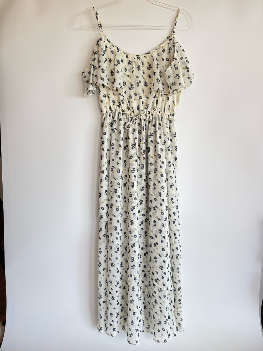 Abercrombie Floral Chiffon Maxi Dress Ruffle Cottagecore Coquette Cream Navy L - Picture 4 of 13